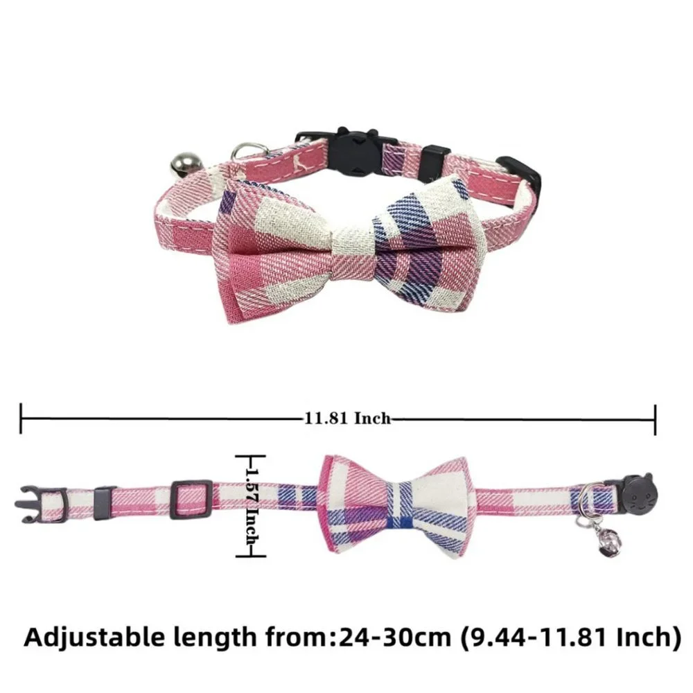 Pink and Grey Plaid Cat Break Away Collar With Bell And Detachable Bow